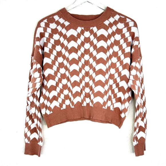 Spiritual Gangster Gemma Sweater Wavy Checkered Tan White Pullover Boxy SMALL - Picture 2 of 6